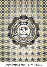 envelope with paper with money symbol inside icon inside arabesque emblem. arabic decoration.