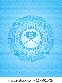 envelope with paper with money symbol inside icon inside water representation style badge.