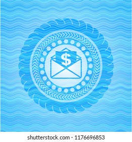envelope with paper with money symbol inside icon inside water wave badge background.