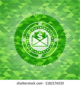 envelope with paper with money symbol inside icon inside green emblem with triangle mosaic background