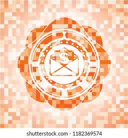 envelope with paper with money symbol inside icon inside abstract orange mosaic emblem