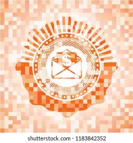 envelope with paper with money symbol inside icon inside orange mosaic emblem with background
