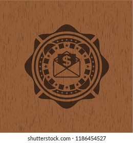 envelope with paper with money symbol inside icon inside badge with wooden background