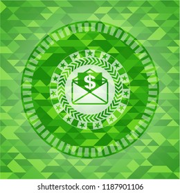 envelope with paper with money symbol inside icon inside realistic green mosaic emblem
