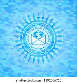 envelope with paper with money symbol inside icon inside realistic light blue mosaic emblem