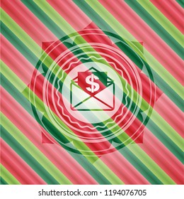 envelope with paper with money symbol inside icon inside christmas style emblem.