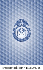 envelope with paper with money symbol inside icon inside blue polygonal emblem.