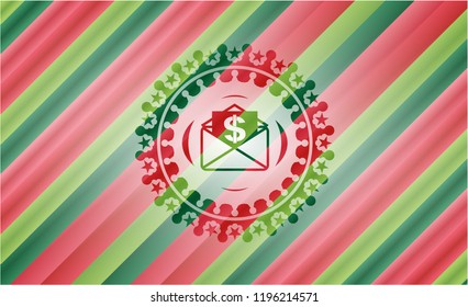 envelope with paper with money symbol inside icon inside christmas colors emblem.