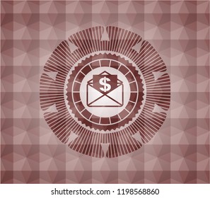 envelope with paper with money symbol inside icon inside red polygonal badge. Seamless.