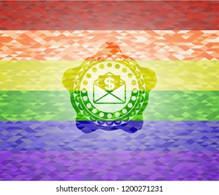 envelope with paper with money symbol inside icon on mosaic background with the colors of the LGBT flag