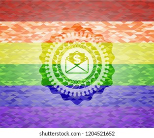 envelope with paper with money symbol inside icon inside emblem on mosaic background with the colors of the LGBT flag