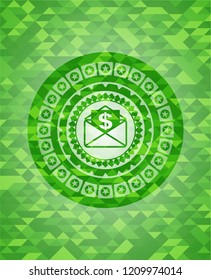 envelope with paper with money symbol inside icon inside green emblem with mosaic ecological style background