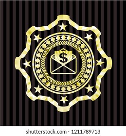 envelope with paper with money symbol inside icon inside golden emblem or badge