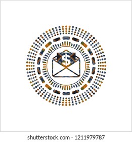 envelope with paper with money symbol inside icon inside arabesque emblem background. arabic decoration.