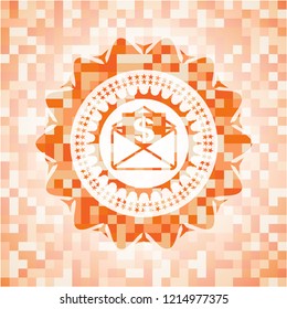envelope with paper with money symbol inside icon inside abstract emblem, orange mosaic background