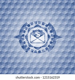 envelope with paper with money symbol inside icon inside blue badge with geometric pattern background.