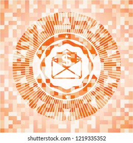envelope with paper with money symbol inside icon inside abstract orange mosaic emblem
