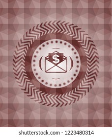 envelope with paper with money symbol inside icon inside red emblem with geometric background. Seamless.