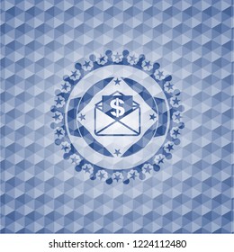 envelope with paper with money symbol inside icon inside blue badge with geometric pattern.