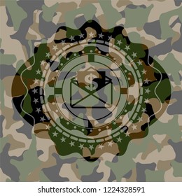 envelope with paper with money symbol inside icon on camouflage texture