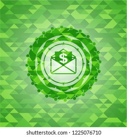 envelope with paper with money symbol inside icon inside realistic green mosaic emblem