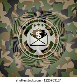 envelope with paper with money symbol inside icon inside camo texture