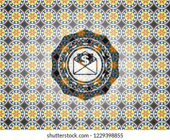 envelope with paper with money symbol inside icon inside arabesque badge background. arabic decoration.
