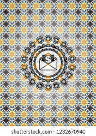 envelope with paper with money symbol inside icon inside arabesque badge background. arabic decoration.