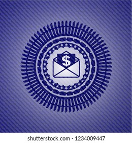 envelope with paper with money symbol inside icon inside emblem with jean background