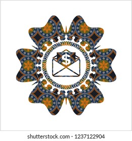 envelope with paper with money symbol inside icon inside arabic badge. Arabesque decoration.