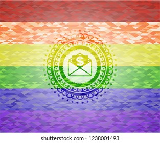 envelope with paper with money symbol inside icon on mosaic background with the colors of the LGBT flag