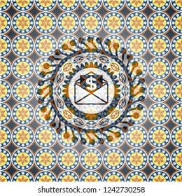 envelope with paper with money symbol inside icon inside arabesque emblem. arabic decoration.