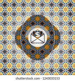 envelope with paper with money symbol inside icon inside arabic badge. Arabesque decoration.