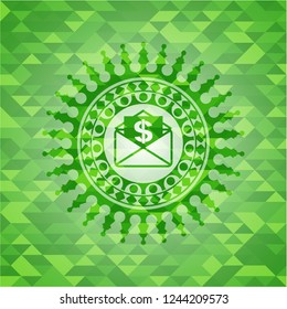 envelope with paper with money symbol inside icon inside realistic green emblem. Mosaic background