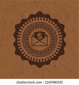 envelope with paper with money symbol inside icon inside wooden emblem