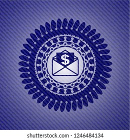 envelope with paper with money symbol inside icon inside badge with jean texture