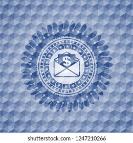 envelope with paper with money symbol inside icon inside blue badge with geometric background.