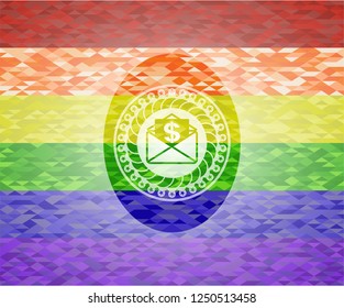 envelope with paper with money symbol inside icon on mosaic background with the colors of the LGBT flag