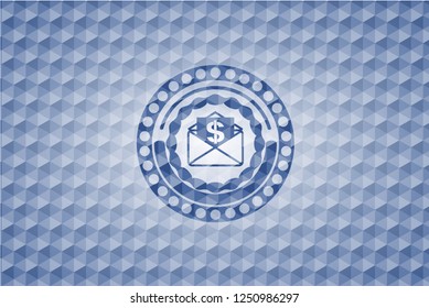 envelope with paper with money symbol inside icon inside blue emblem with geometric pattern.