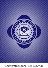 envelope with paper with money symbol inside icon inside emblem with denim texture