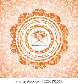 envelope with paper with money symbol inside icon inside abstract orange mosaic emblem