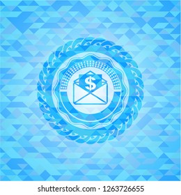 envelope with paper with money symbol inside icon inside realistic light blue mosaic emblem