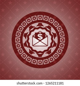 envelope with paper with money symbol inside icon inside red emblem. Vintage.