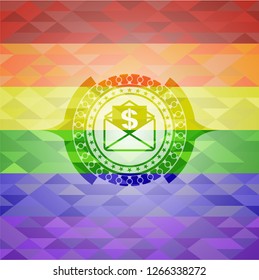 envelope with paper with money symbol inside icon inside emblem on mosaic background with the colors of the LGBT flag