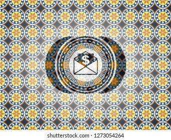 envelope with paper with money symbol inside icon inside arabesque style badge. arabic decoration.