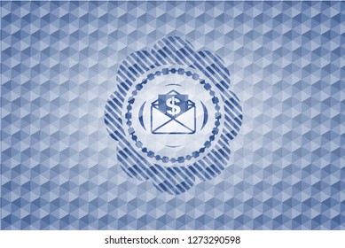 envelope with paper with money symbol inside icon inside blue polygonal emblem.