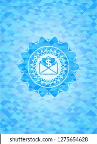 envelope with paper with money symbol inside icon inside sky blue emblem with triangle mosaic background