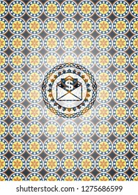 envelope with paper with money symbol inside icon inside arabic badge. Arabesque decoration.