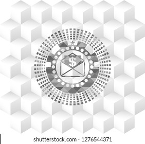 envelope with paper with money symbol inside icon inside retro style grey emblem with geometric cube white background