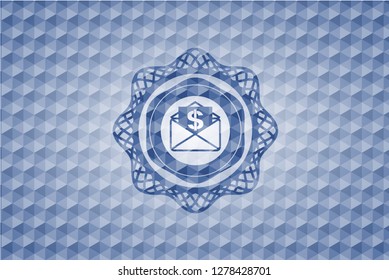 envelope with paper with money symbol inside icon inside blue emblem with geometric pattern.